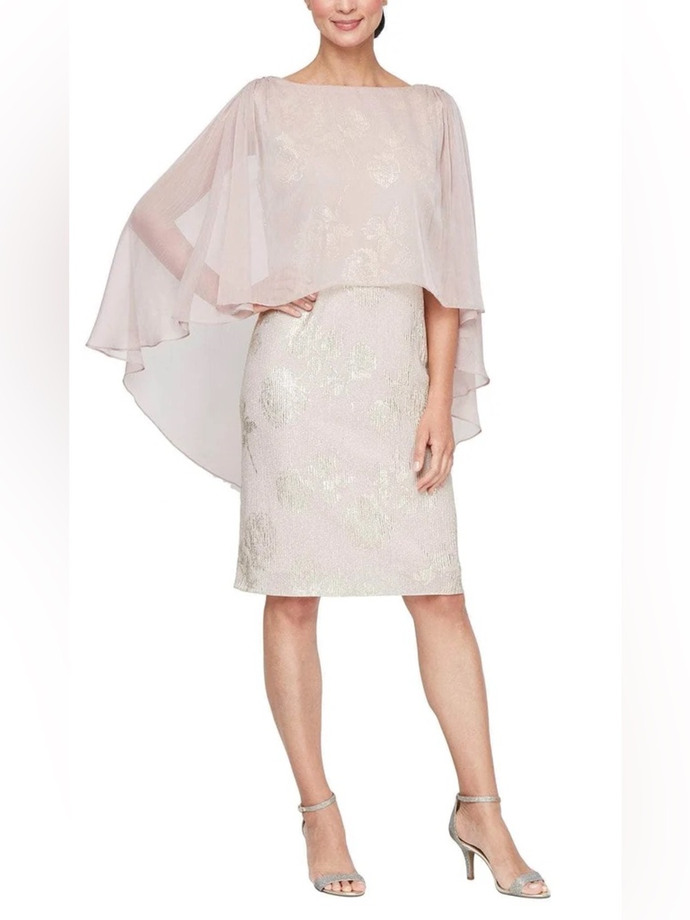 SLNY Pale Blush Gold Floral Metallic Cape Overlay Sheath Dress Size 14W NWT